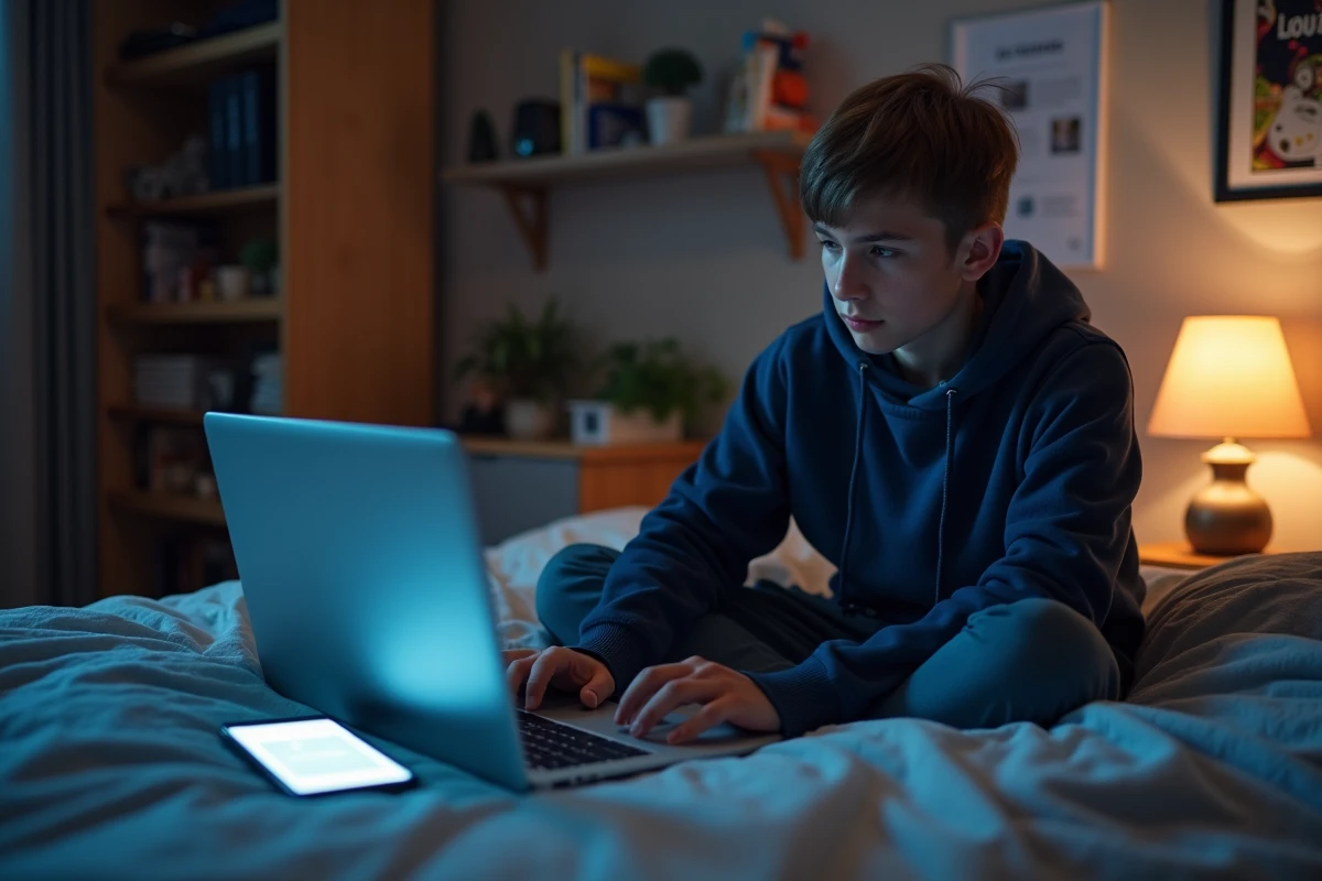 Adolescente em seu quarto usando o Google Authenticator no smartphone para validar uma conexão no laptop