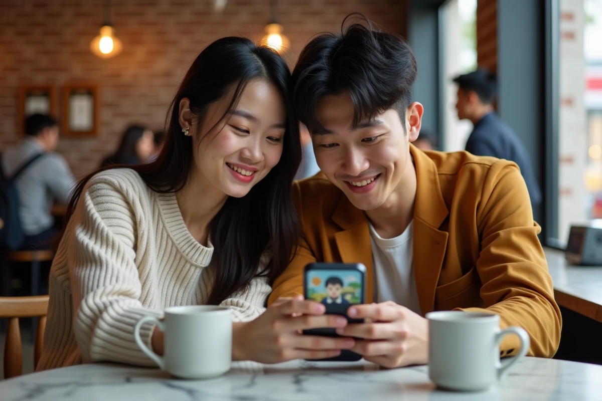 Deux amis découvrant ensemble des recommandations de webtoons sur smartphone dans un café, utilisant EpsilonScan pour gérer leur liste de lecture