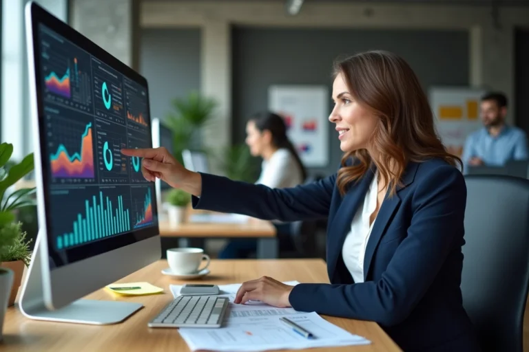 Responsable marketing analysant les indicateurs de performance d'une campagne digitale sur un écran de bureau dans un open space moderne