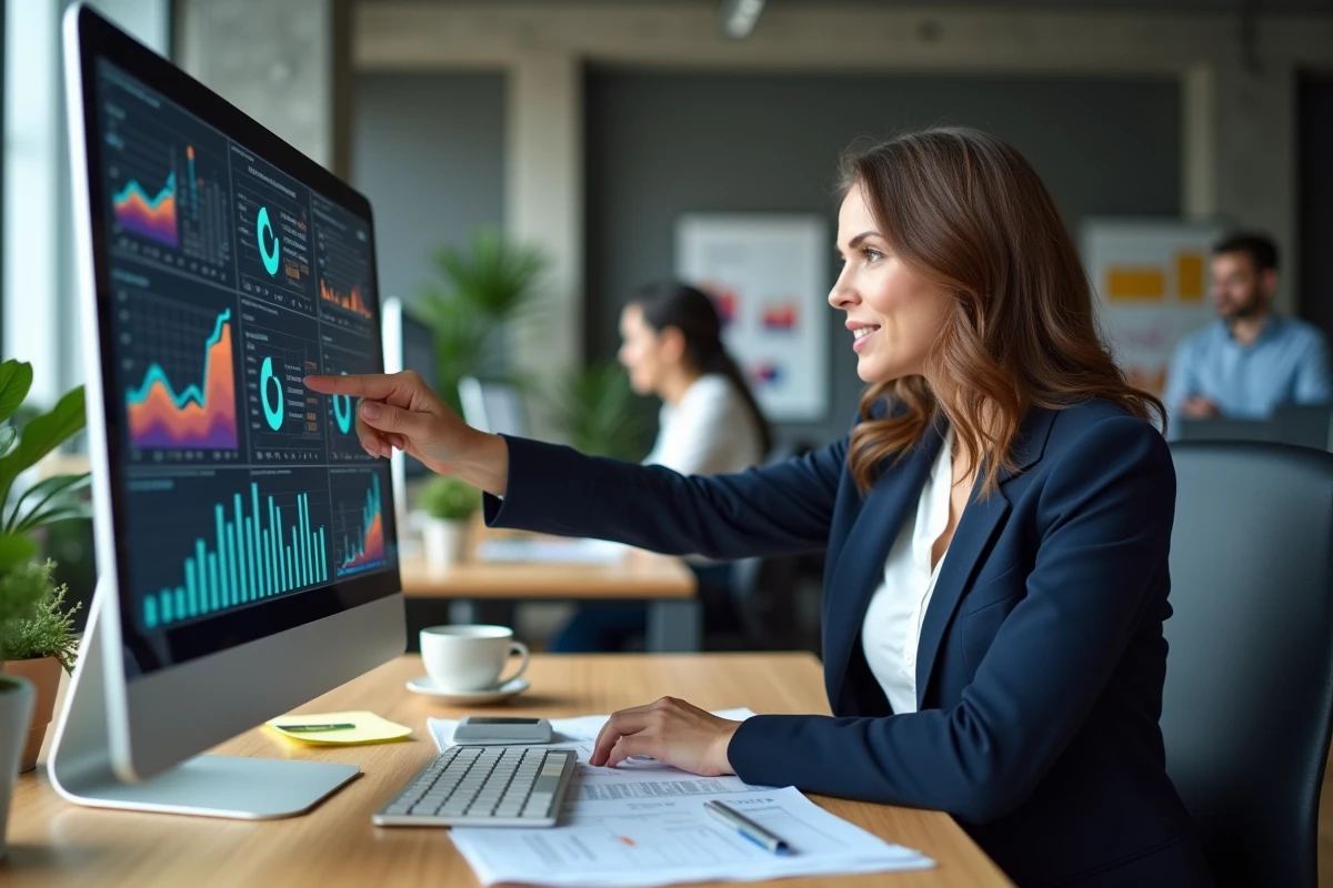 Responsable marketing analysant les indicateurs de performance d'une campagne digitale sur un écran de bureau dans un open space moderne