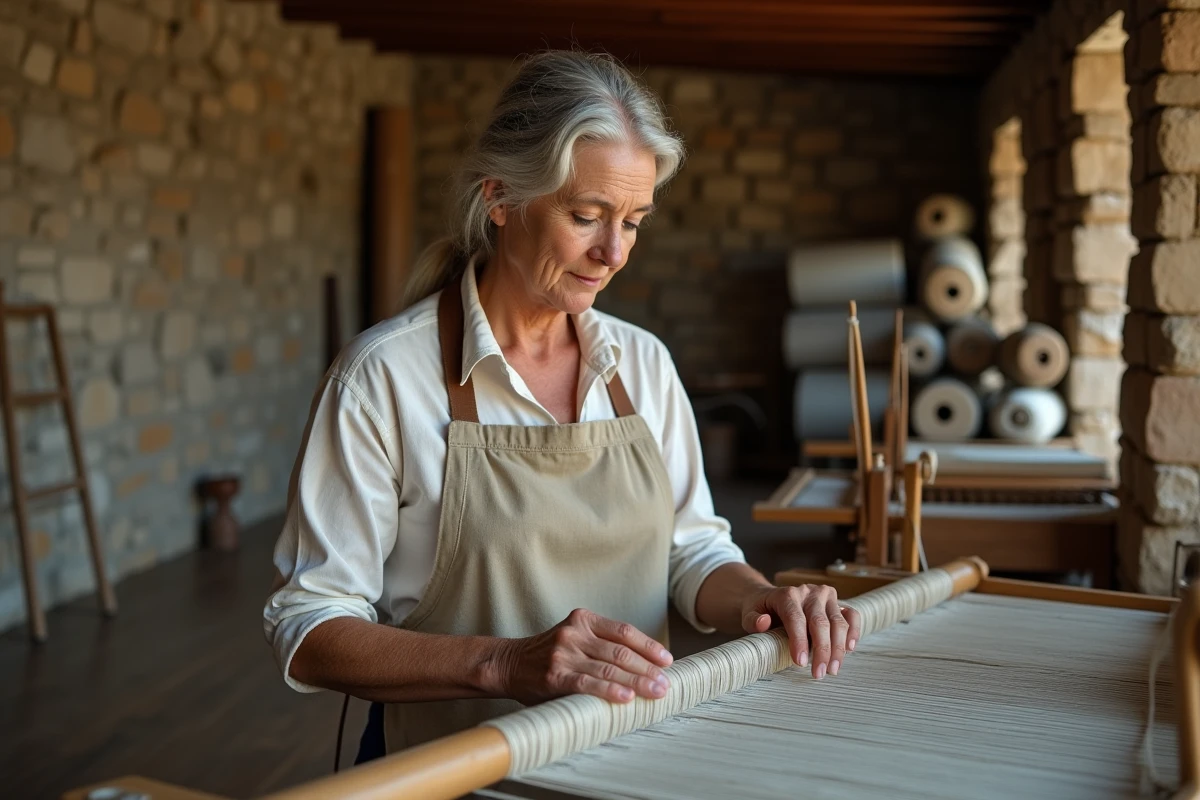 Artisane tissant sur un métier à tisser en bois dans un atelier textile traditionnel aux murs en pierre
