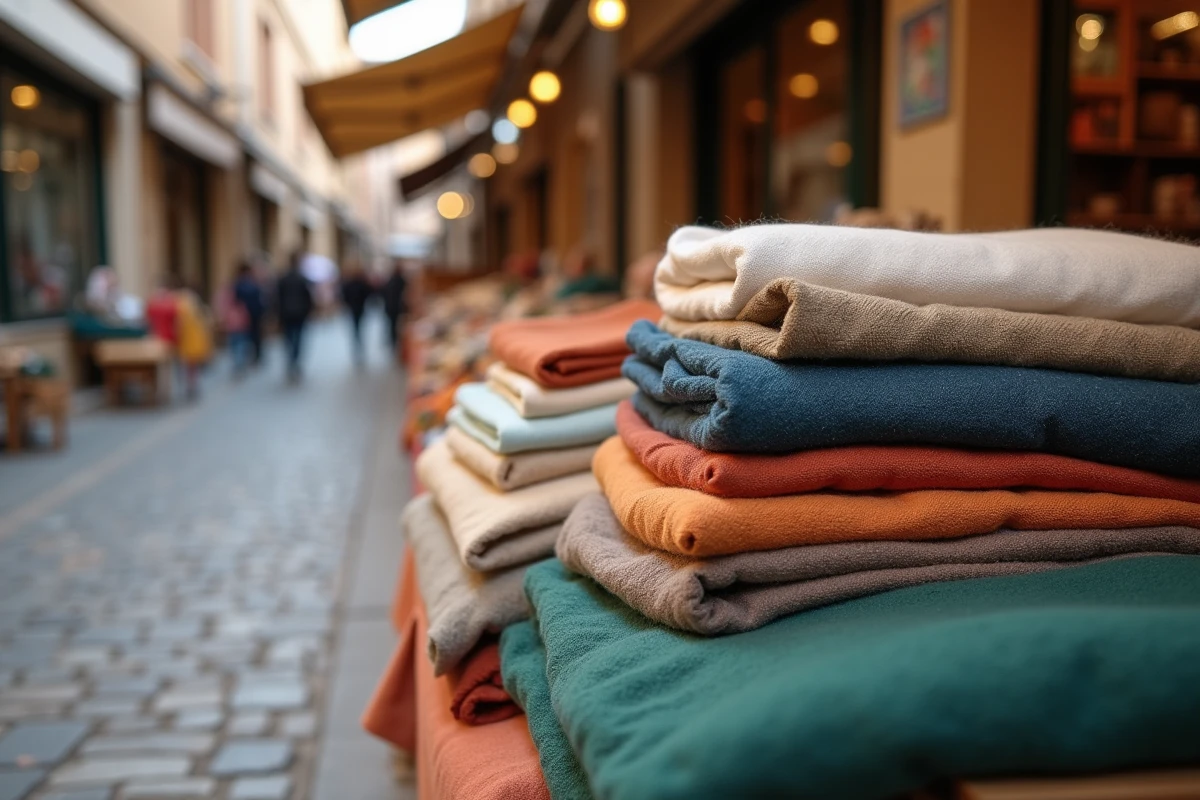 Assortiment de tissus colorés en coton lin soie et laine exposés sur un étal de marché artisanal