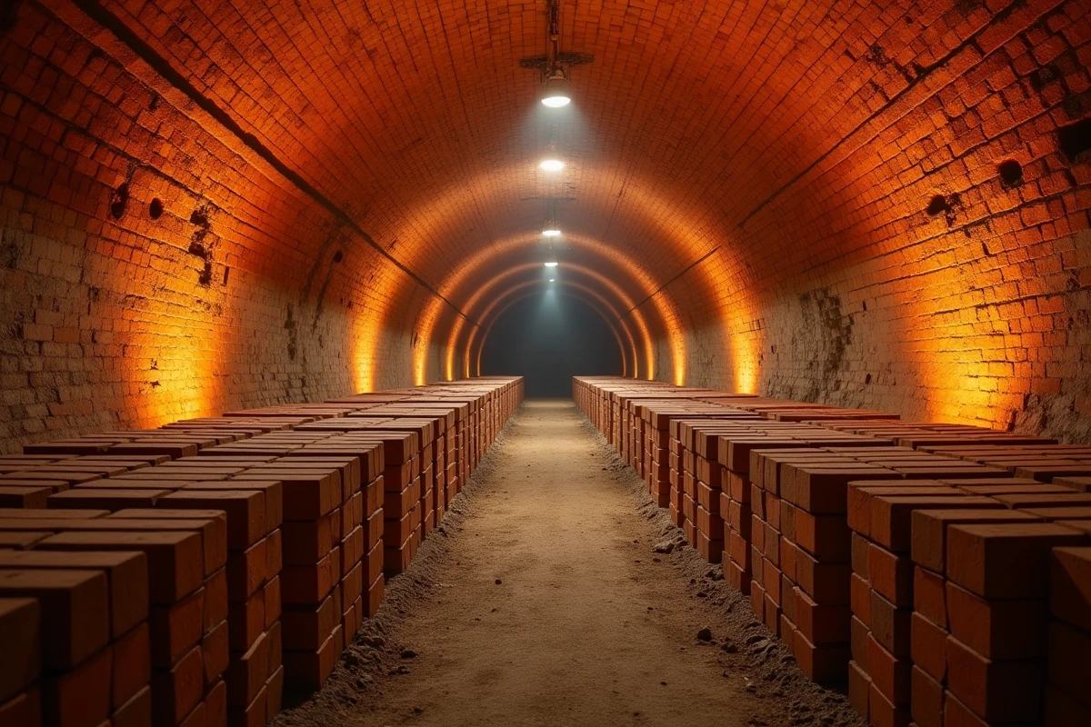 Rangées de briques crues empilées à l'intérieur d'un four tunnel industriel avant cuisson