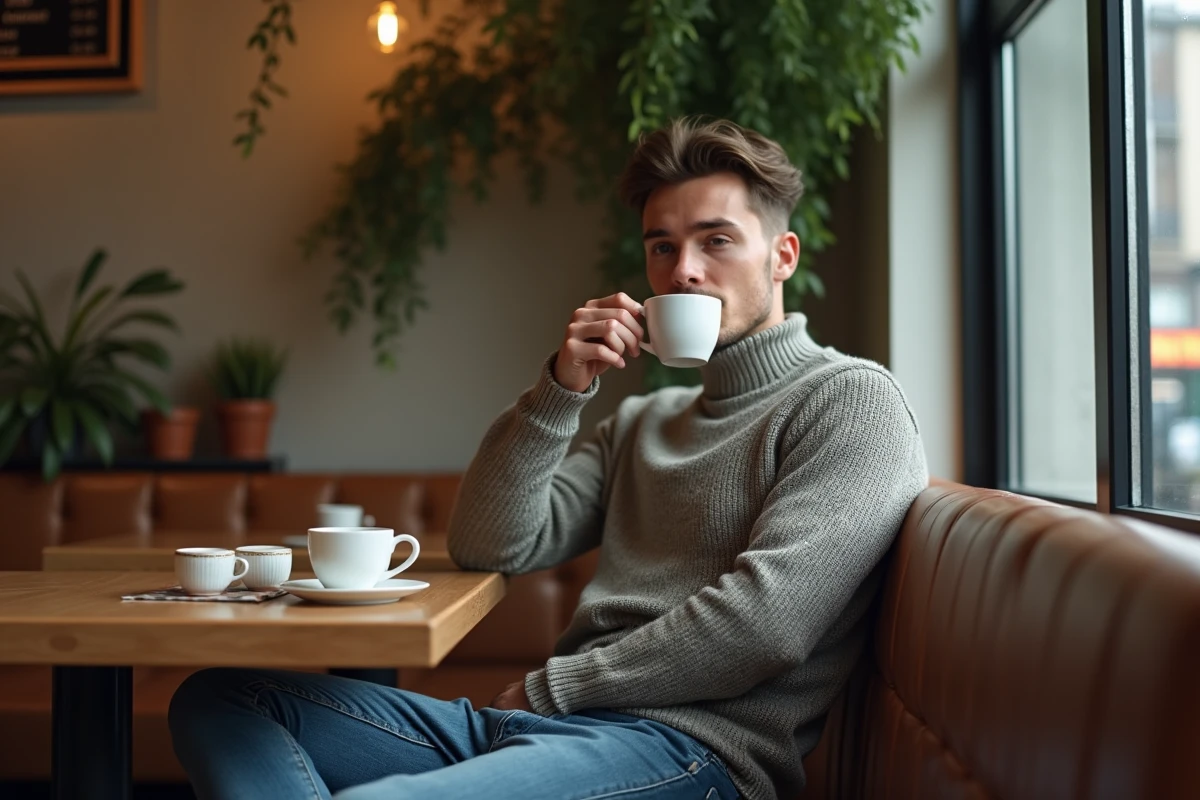 Jeune homme détendu dans un café moderne et chaleureux