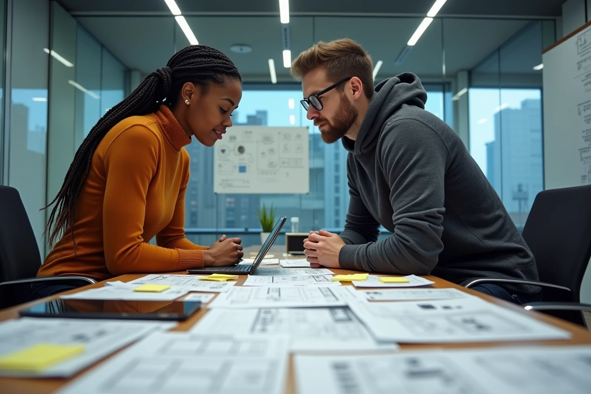 Deux professionnels collaborant autour de tendances web et de maquettes dans une agence créative