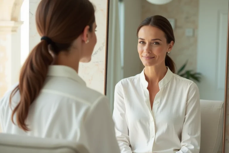 Femme élégante en consultation de médecine esthétique à Cannes, regardant son reflet dans un miroir dans une clinique moderne et luxueuse