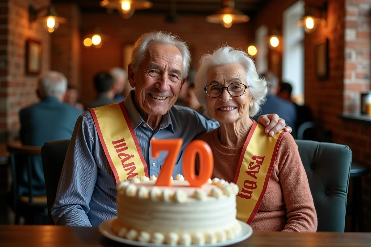 Casal de setuagenários sorrindo diante de um bolo de aniversário humorístico aos 70 anos em um restaurante acolhedor