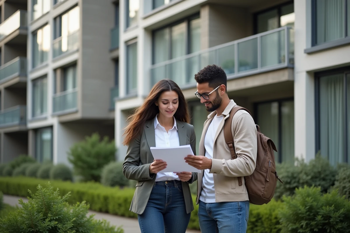 Jeune couple vérifiant une checklist devant un immeuble social