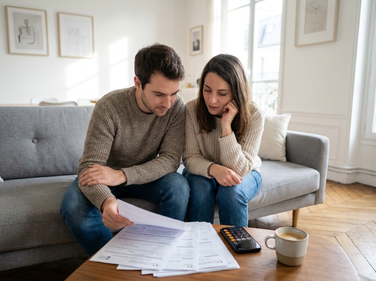Jeune couple examinant ensemble les documents d'une demande de prime rénov dans leur appartement moderne