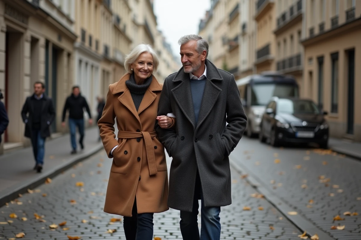 Couple discret se promenant dans une rue pavée parisienne en automne, évoquant une union complice et élégante loin des projecteurs