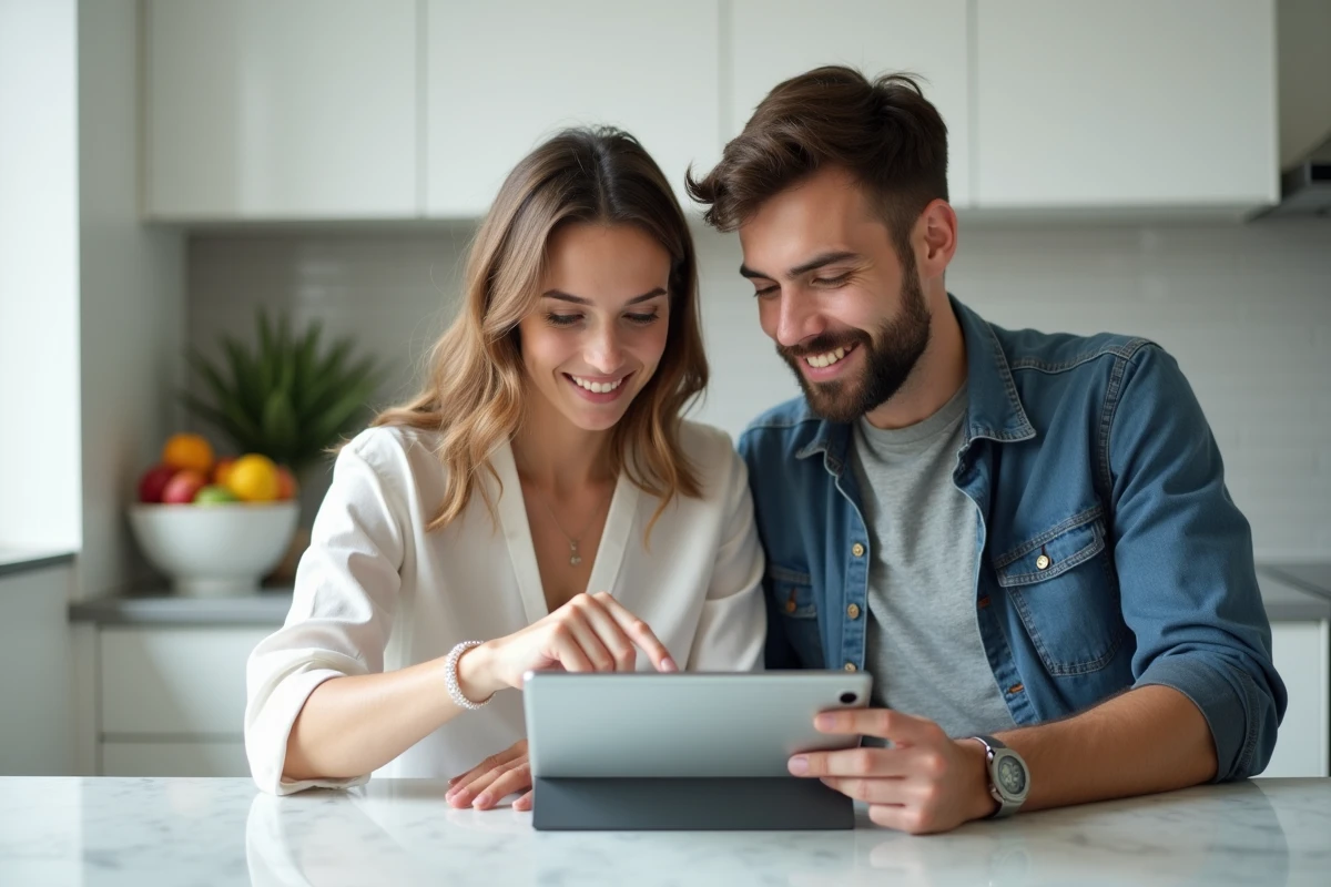Couple de locataires consultant ensemble leur espace de paiement en ligne sur une tablette dans leur cuisine