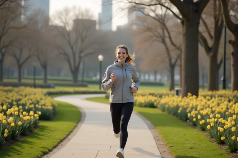 Femme courant dans un parc urbain au printemps