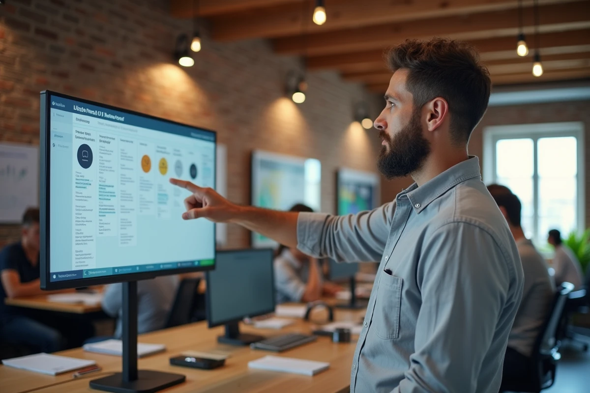 Designer web masculin présentant des tendances UI sur un écran mural dans un espace de coworking
