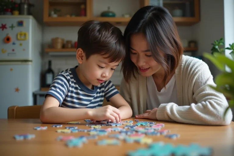 Jeune garçon et femme résolvent un puzzle dans une cuisine chaleureuse