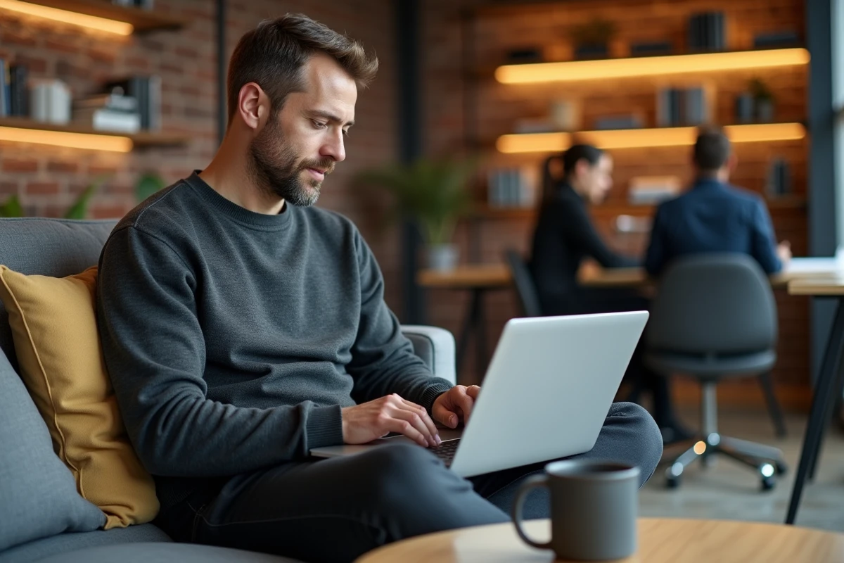 Entrepreneur travaillant seul sur une stratégie de campagne digitale avec des objectifs SMART sur un ordinateur portable dans un espace de coworking