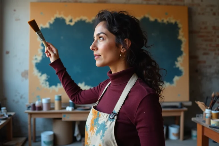 Esmeralda de Vasconcelos, artiste contemporaine, debout devant une grande toile dans son atelier industriel parisien, pinceau à la main