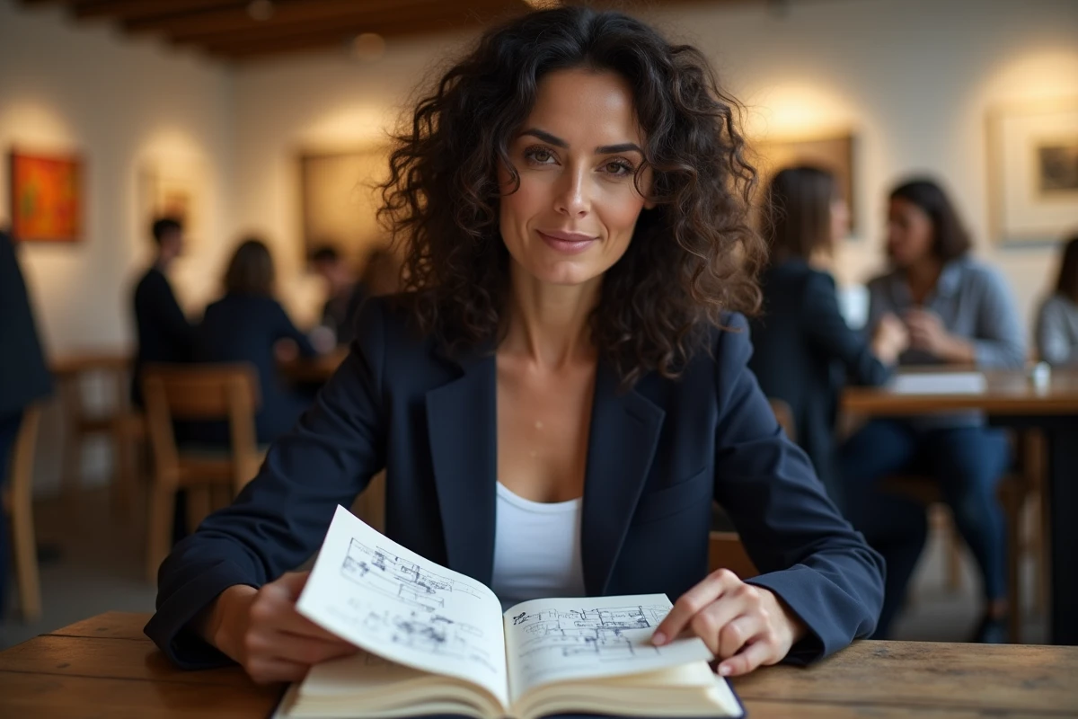 Portrait d'Esmeralda de Vasconcelos consultant son carnet de croquis dans une galerie d'art contemporain