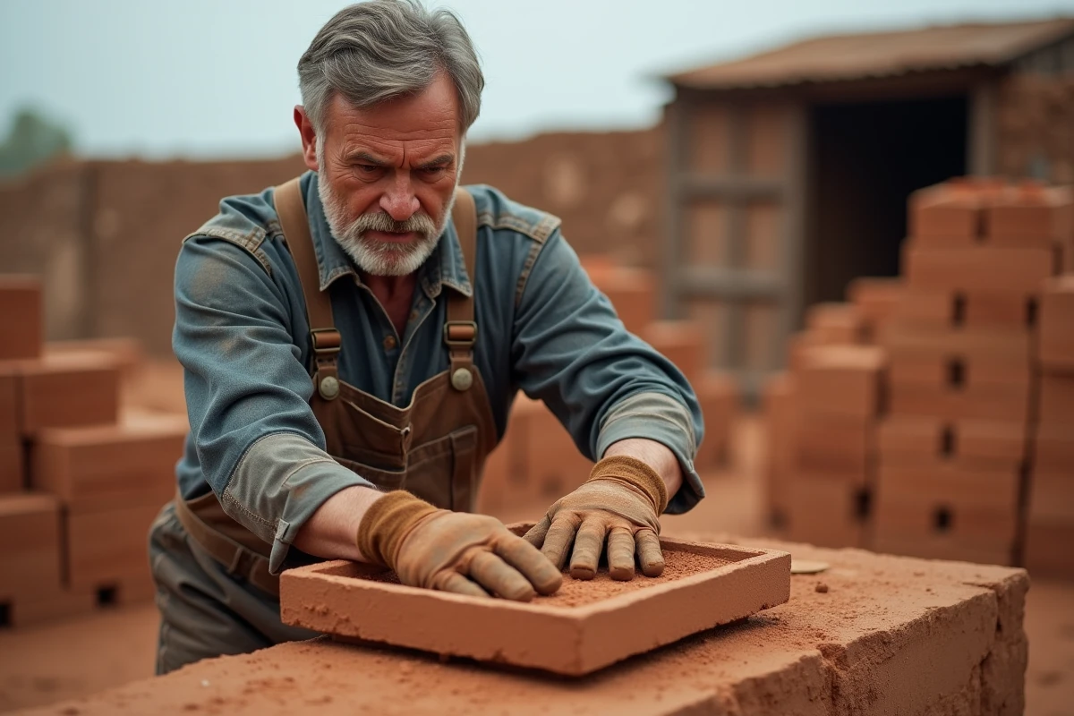 Ouvrier façonnant des briques crues en argile dans un atelier de fabrication artisanale de briques