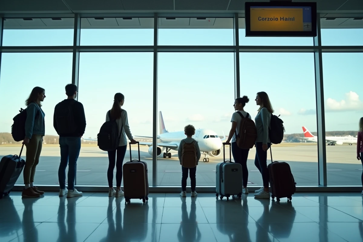 Famille avec bagages attendant leur vol pour la Corse dans un aéroport français avec avion visible sur le tarmac