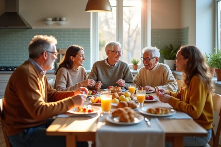 Famille multigenerational partage petit déjeuner convivial