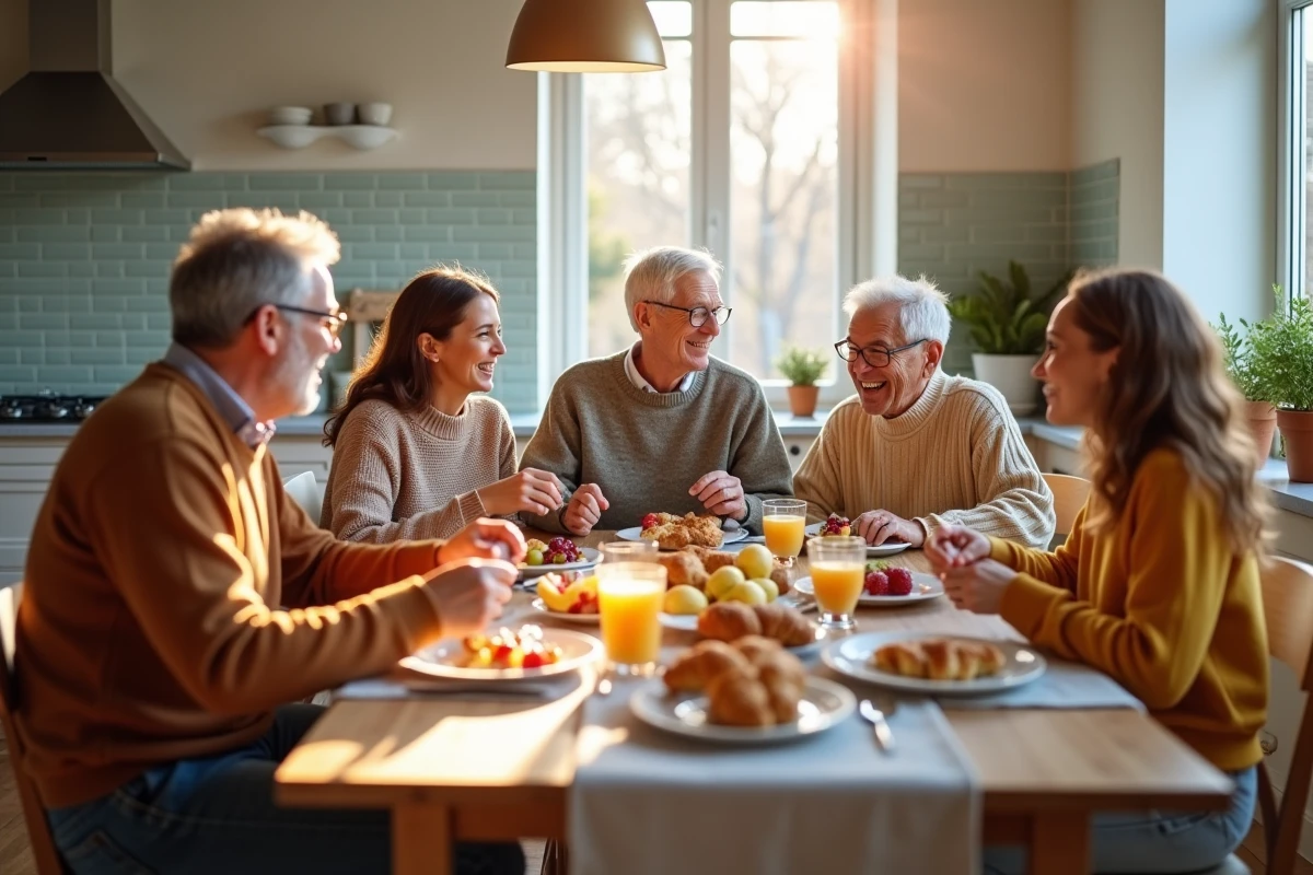 Famille multigenerational partage petit déjeuner convivial