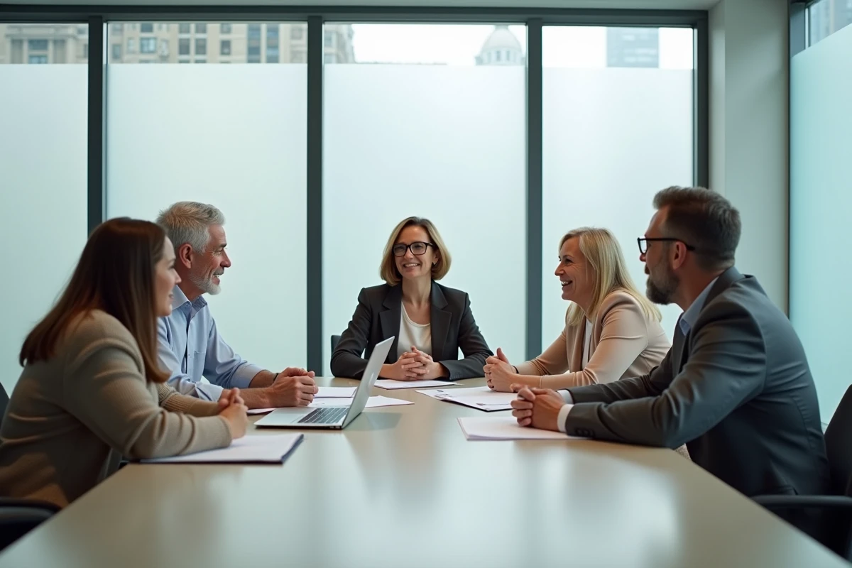 Famille réunie avec une avocate pour discuter d'un partage successoral autour d'une table dans un cabinet juridique moderne