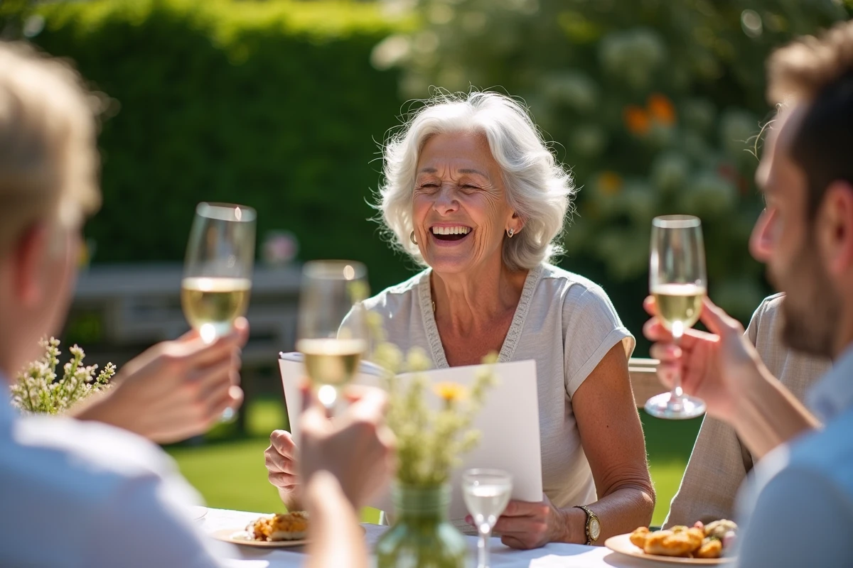 Mulher de 70 anos rindo com seus amigos ao ar livre durante uma festa de aniversário de verão no jardim