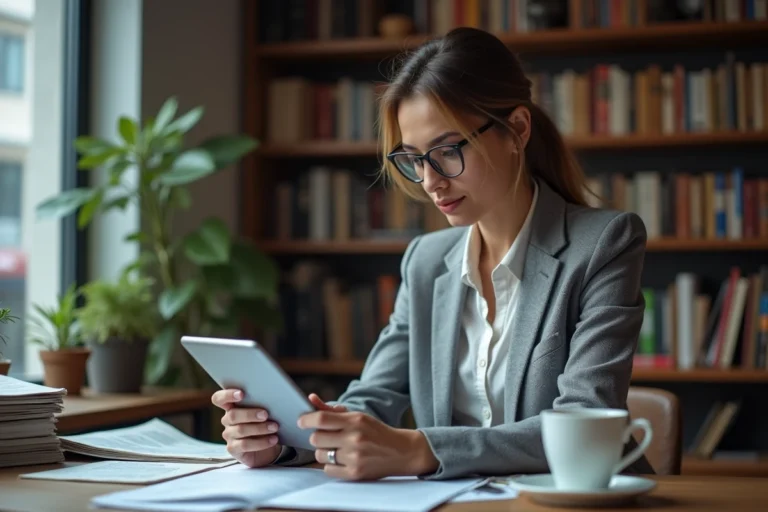 Femme concentrée lisant les actualités de la semaine sur une tablette dans un bureau moderne entouré de journaux