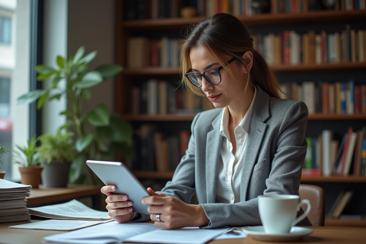 Femme concentrée lisant les actualités de la semaine sur une tablette dans un bureau moderne entouré de journaux