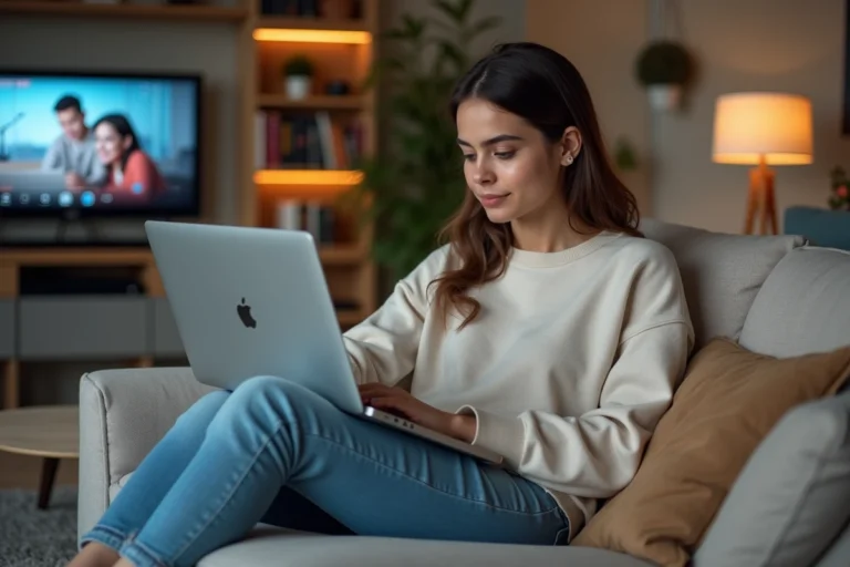 Jeune femme sur canapé regardant un ordinateur portable