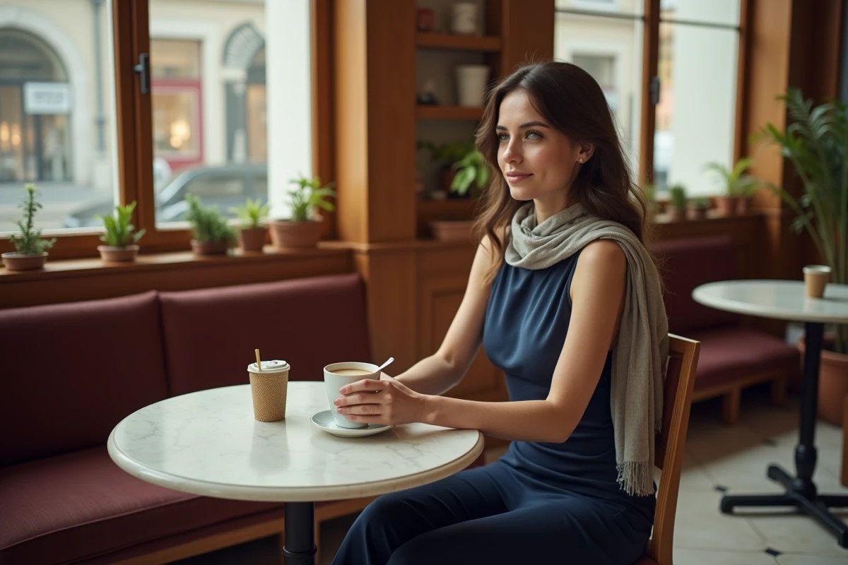 Femme chic assise dans un café européen avec une tasse de café, style raffiné et décontracté