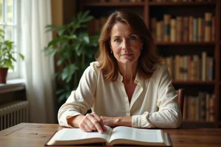 Femme chrétienne lisant la Bible avec ferveur dans un bureau chaleureux, illustrant l'exploration de la foi et les enseignements inspirants