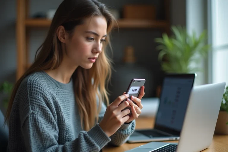 Femme consultant son application Google Authenticator sur smartphone pour obtenir un code à 6 chiffres