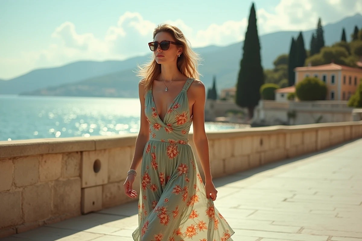 Femme élégante en robe fleurie se promenant sur une promenade méditerranéenne ensoleillée