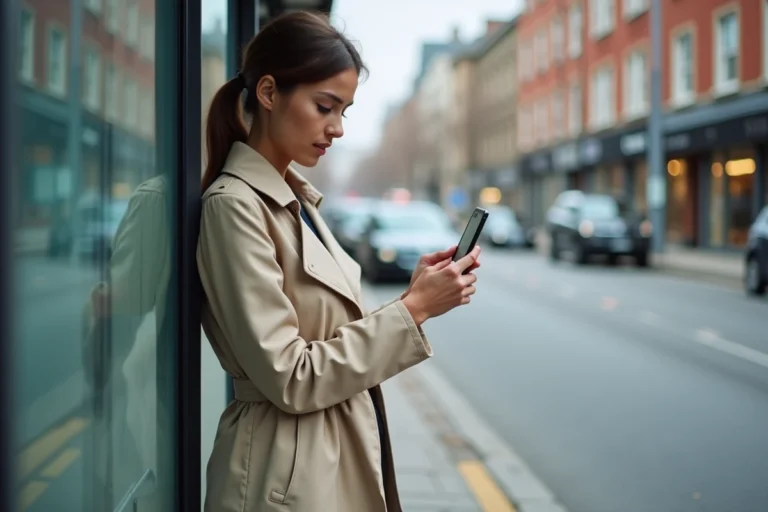 Femme consultant un itinéraire bus sur son smartphone à un arrêt de bus en ville
