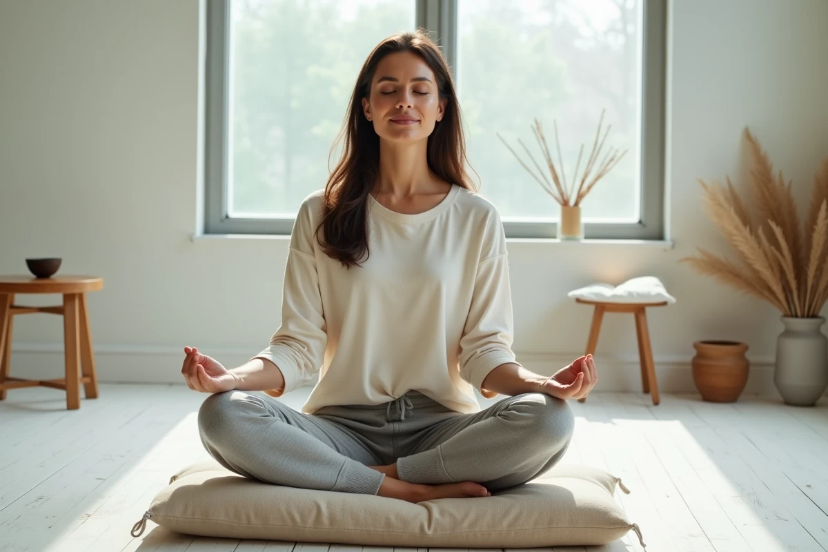 Femme pratiquant la méditation assise sur un coussin en lin dans un salon minimaliste scandinave, les yeux fermés, expression sereine et concentrée