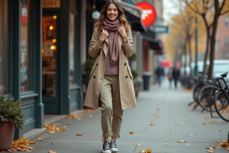 Femme mode urbaine en trench et foulard tendance
