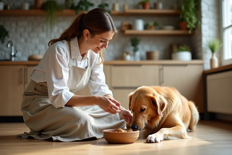 Femme préparant un repas naturel fermenté pour restaurer la flore intestinale de son chien golden retriever dans une cuisine rustique