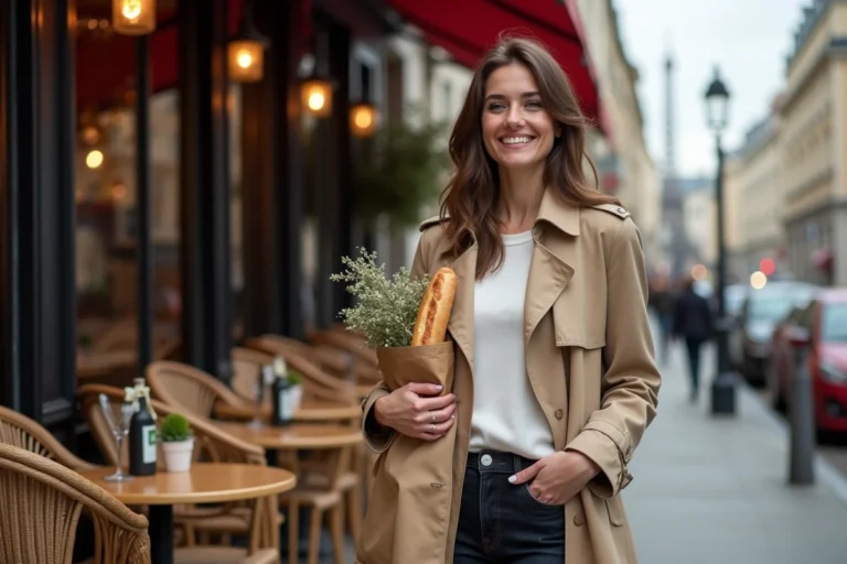 Femme souriante avec trench beige devant un café parisien