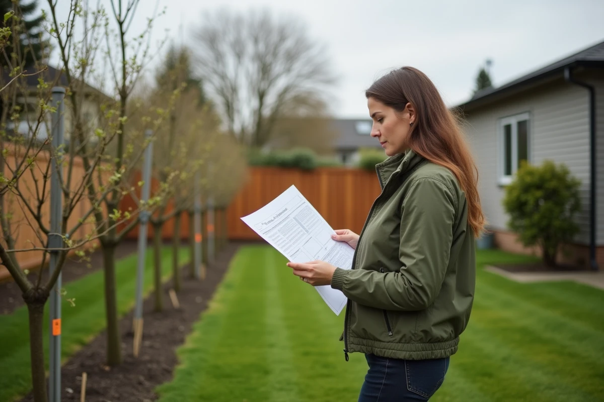 Une femme consulte un plan d'aménagement dans son jardin pour respecter les distances réglementaires avant de planter des arbres fruitiers en bordure de propriété