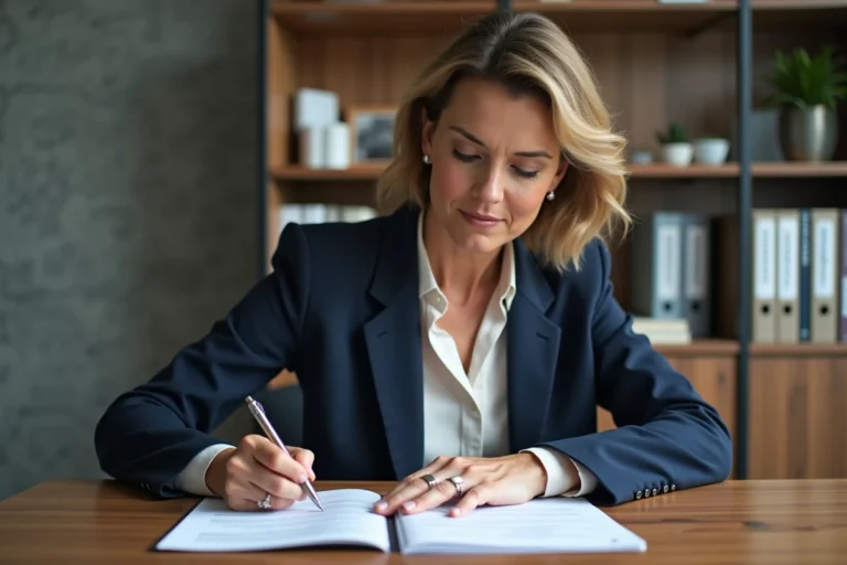 Femme professionnelle en immobilier concentrée à son bureau