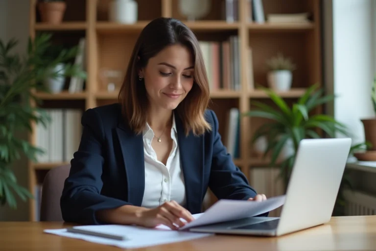 Femme en blazer marine révisant son CV à un bureau en bois dans un bureau à domicile bien organisé