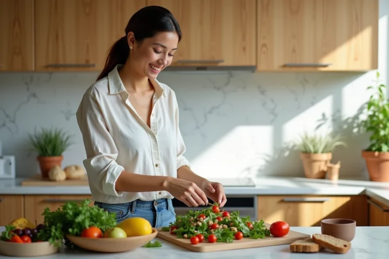Femme souriante préparant une salade dans une cuisine lumineuse