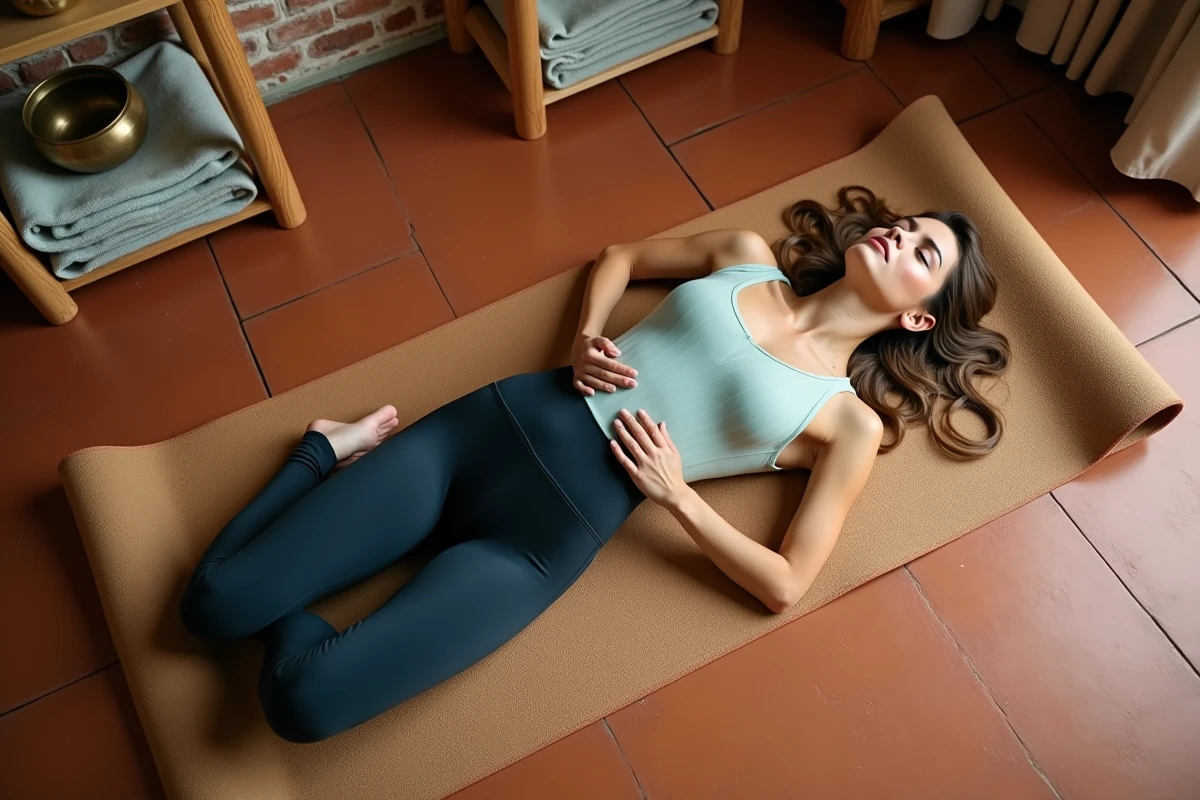 Femme allongée en posture de savasana sur un tapis de yoga en liège dans un studio de yoga à domicile avec mur en briques apparentes, paumes ouvertes vers le ciel