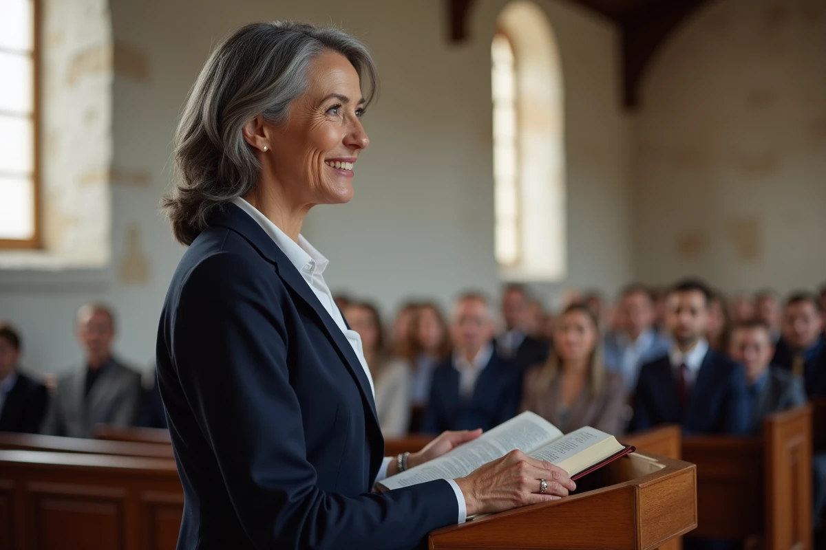 Femme chrétienne donnant un témoignage inspirant depuis un pupitre dans une église, illustrant l'enseignement de la foi selon Michelle Dastier