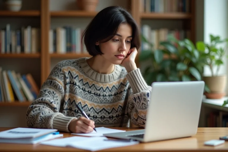Jeune femme concentrée travaillant à son bureau à domicile