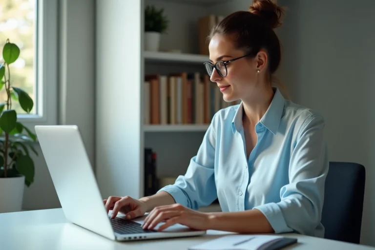 Femme en télétravail sur son ordinateur à la maison