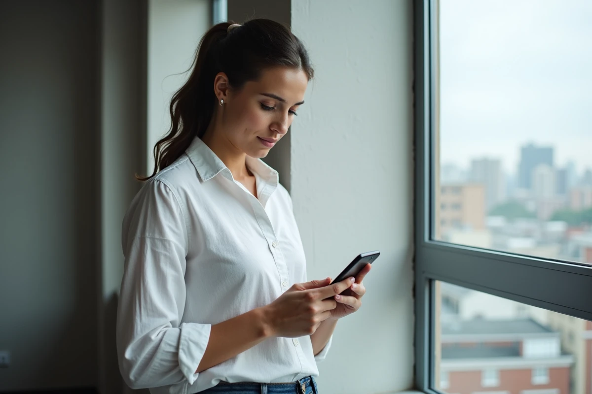 Femme vérifiant la fiabilité d'une boutique en ligne sur smartphone avant d'acheter des sneakers sur Modz
