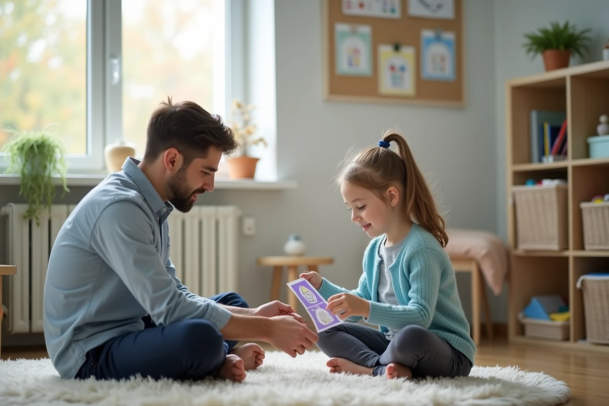 Fille jouant à un jeu de cartes avec un thérapeute dans une salle lumineuse