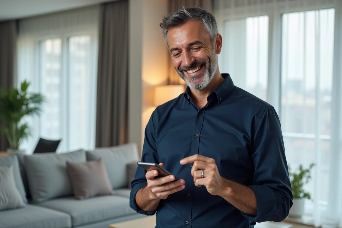 Locataire masculin consultant et gérant son compte locataire sur smartphone dans son appartement
